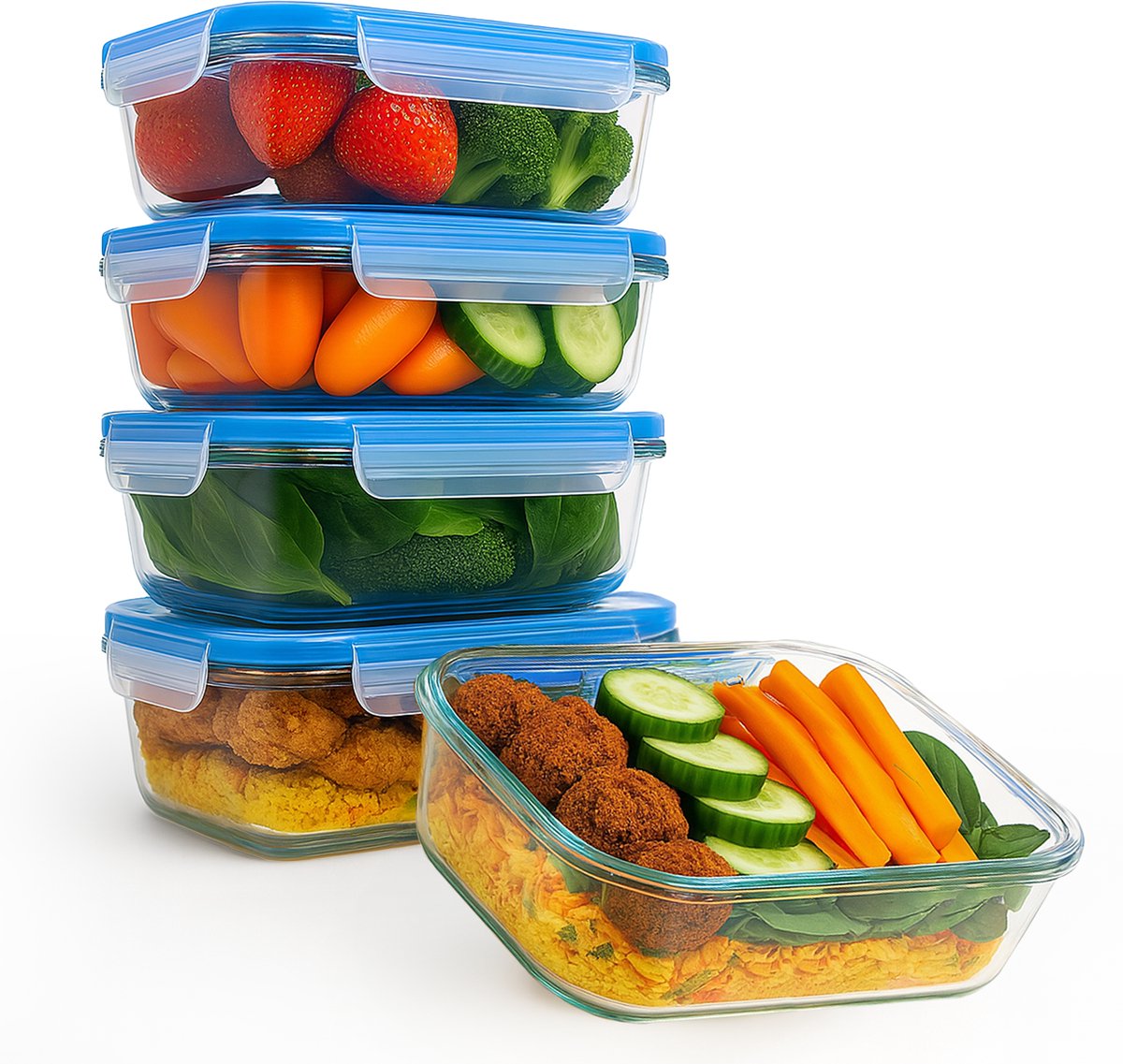 Goliving Glazen Meal Prep Bakjes - Set van 5 Vershoudbakjes - 1L - Diepvriesbakjes - Bewaarbakjes met Deksel - Diepvries, Oven en Magnetron - Glas — afbeelding 1