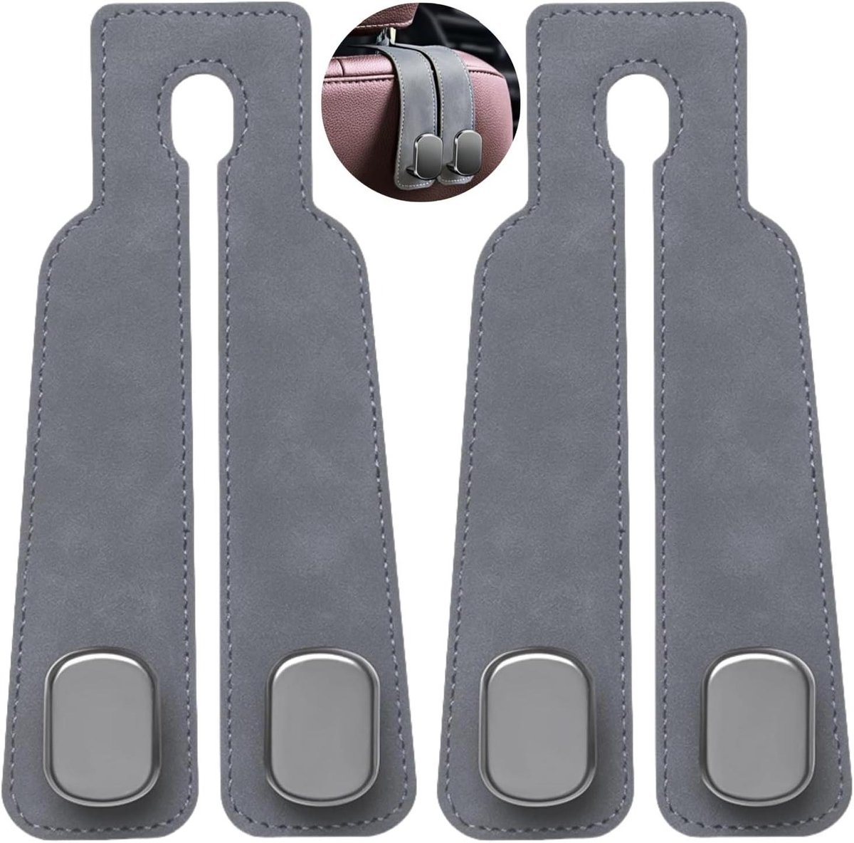 Autostoelhaken voor hoofdsteun - Set van 2 - Grijs - Autohoofdsteun haak - Handtassen rughaken - Autostoel accessoires.