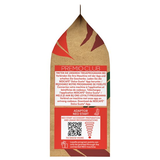 Achterkant van een Nescafé Dolce Gusto Neo verpakking met informatie over het loyaliteitsprogramma en een QR-code.
