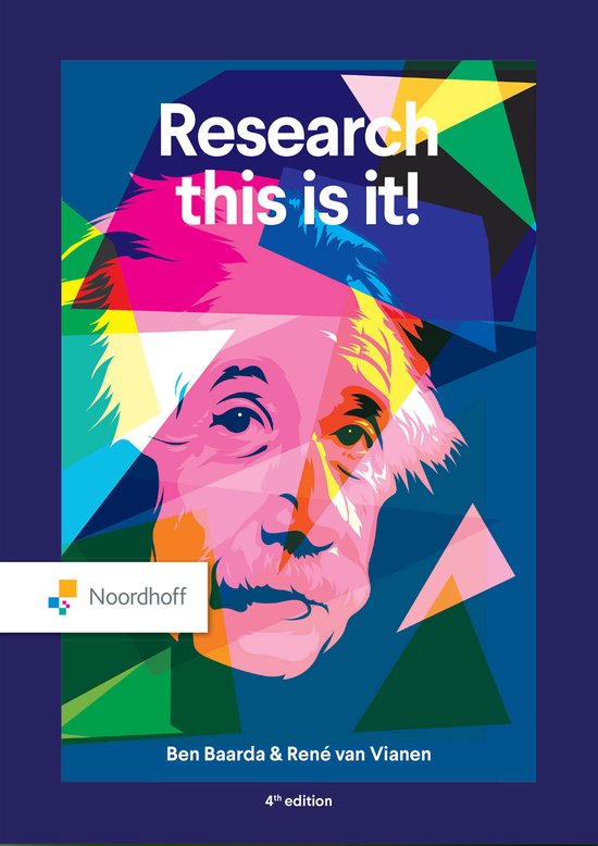 Boekomslag van 'Research this is it!' met een kleurrijke, geometrische portret van Albert Einstein.
