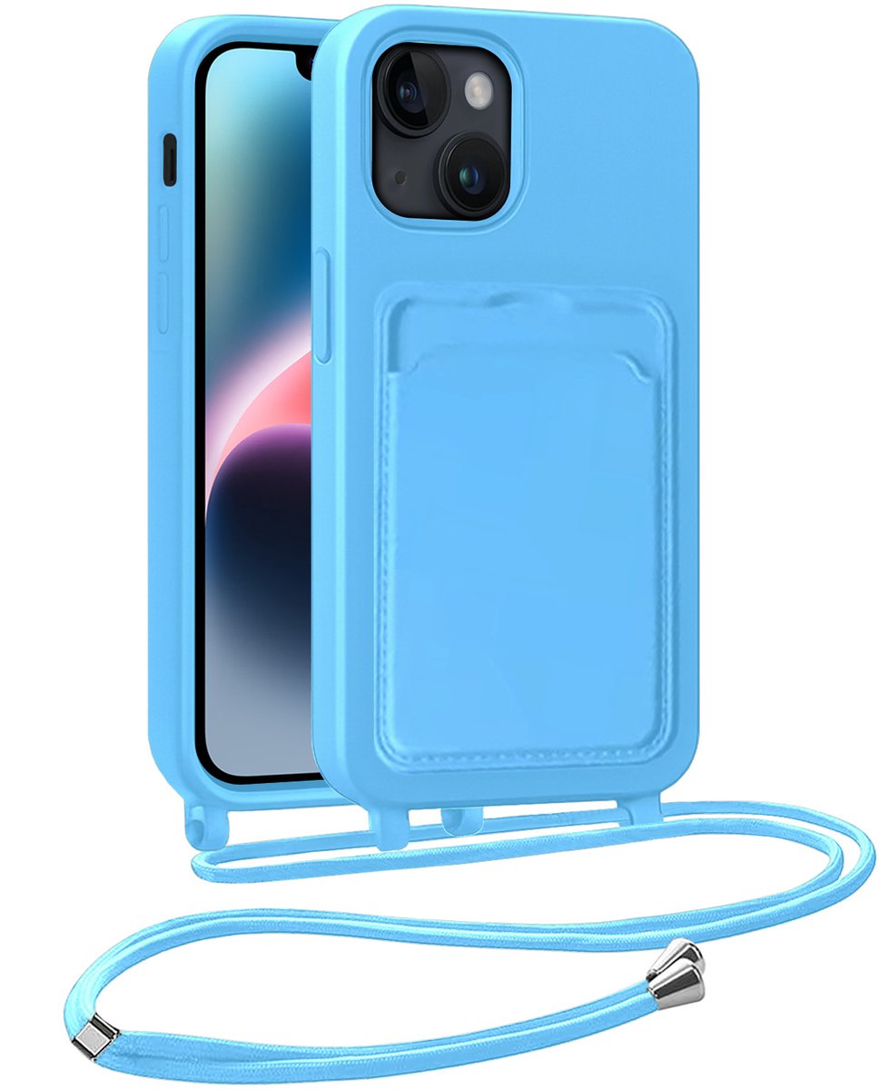 Hoesje Geschikt voor iPhone 14 Telefoonhoesje Met Koord Case Pashouder Siliconen - Hoes Geschikt voor iPhone 14 Hoesje Met Kaarthouder - Lichtblauw