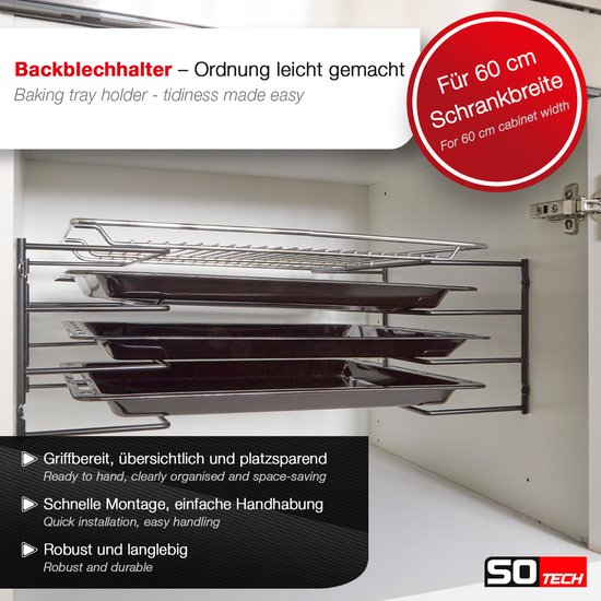 SOTECH Bakplaathouder voor 4 bakplaten (364 x 140 x 182 mm, zwart chroom, voor 600 mm kastbreedte) Roosterhouder - Eenvoudig organiseren — afbeelding 4
