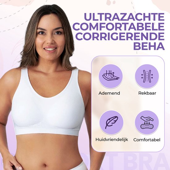 Model met witte naadloze comfortabele corrigerende BH. Kenmerken: ademend, rekbaar, huidvriendelijk en comfortabel.