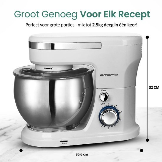 EMERIO KM-123117 - Keukenmachine, kneedmachine, roermachine met 5 liter roestvrijstalen kom + 3 roergereedschappen + spatbescherming met vulopening, 1000 Watt power, 6 snelheden + Pulse Retro, BPA vrij, Wit van Emerio — afbeelding 5