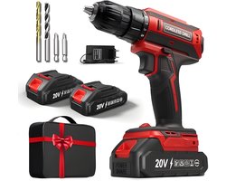 Accuboor schroevendraaier met 2 x 2000 mAh accu's, 20V, 42 Nm Max, 2-snelheden, 25+1 draaimomentniveaus, 10 mm boorhouder, LED-verlichting, rood