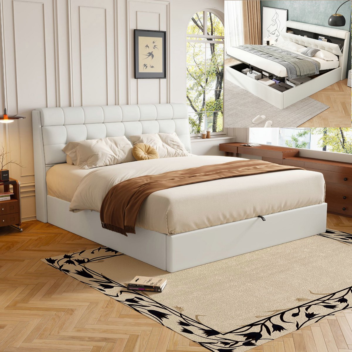 Bed 140x190 cm met verborgen opbergruimte aan het bed, bed 140x190 cm met opbergruimte en lattenbodem, PU stof, elegante stijl, zwart(Matras niet inbegrepen)