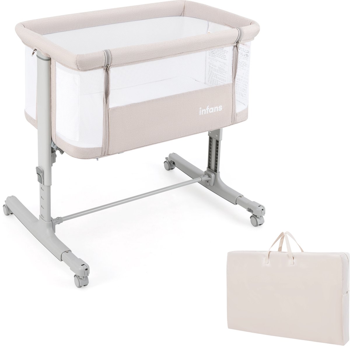 COSTWAY 3-in-1 bijzetbed, reisbed voor baby's, met matras, babybed, babywieg en kinderbed, 5-traps in hoogte verstelbaar, kantelbaar, wieg met draagtas, belastbaar tot 9 kg, beige