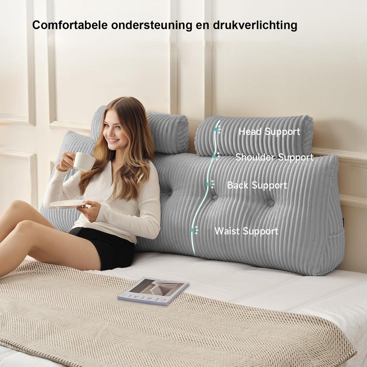 Groot leeskussen, 100 x 50 x 20 cm bedwigkussen voor ruglendensteun, driehoekig rugkussen met afneembare hoes, zacht hoofdeinde rustkussen