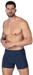 Man draagt donkerblauwe boxer met grijze band met logo.
