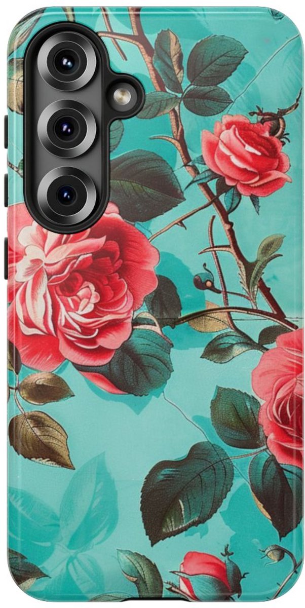 Rode Rozen op Turquoise Achtergrond – Telefoonhoesje Geschikt voor Samsung Galaxy S25