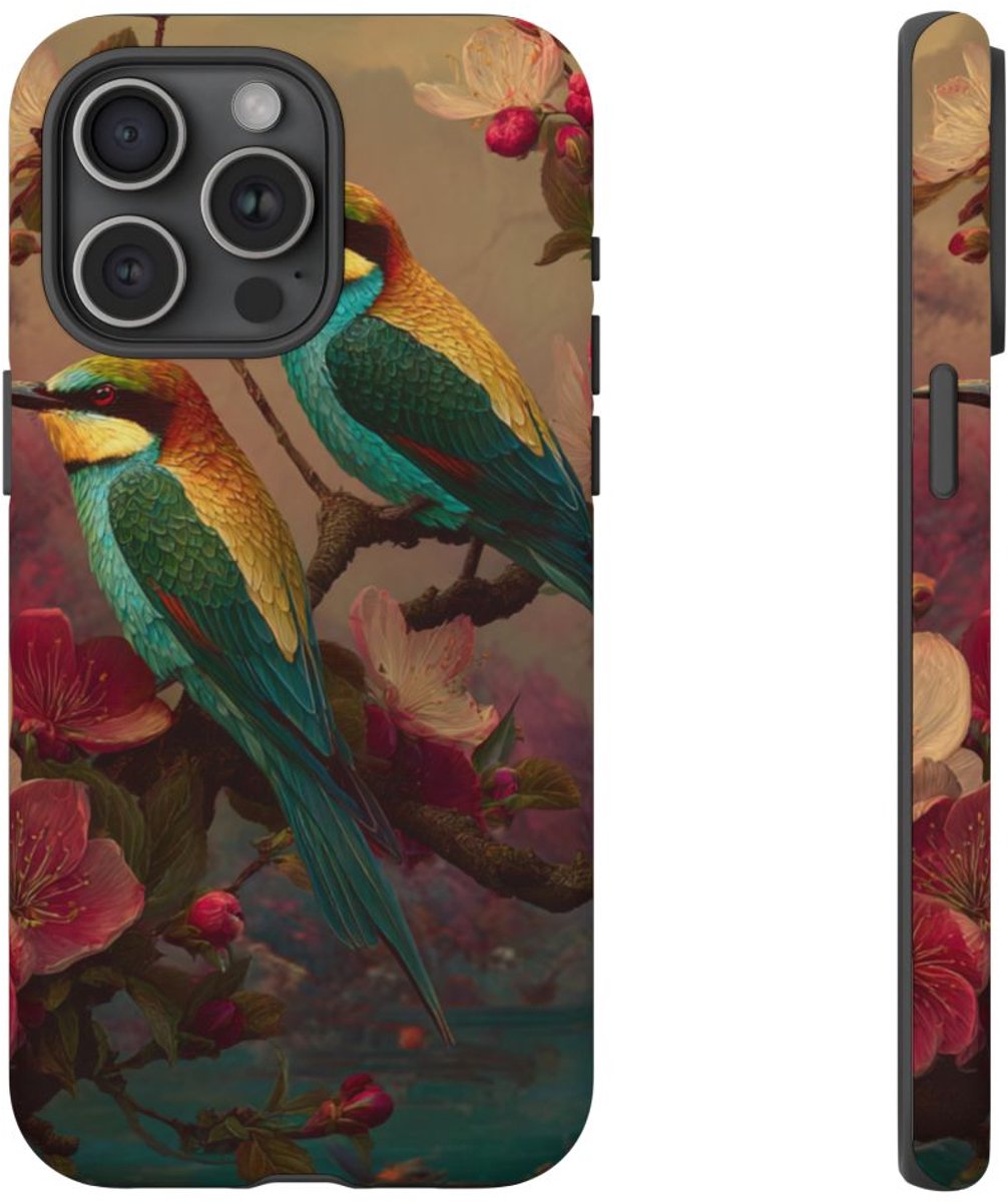 Kleurrijke Vogels op Bloesemtak – Telefoonhoesje Geschikt voor iPhone 15 Pro Max