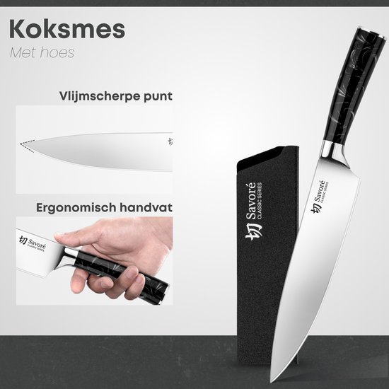 Savoré Kitchen chef's knife met glanzend, roestvrijstalen lemmet, zwart handvat en beschermhoes. Illustraties tonen de punt en ergonomische grip.