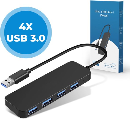 Zwarte USB 3.0 hub met 4 poorten en een USB-A connector, met productdoos waarop 'USB 3.0 HUB 4-in-1 (5Gbps)' staat.