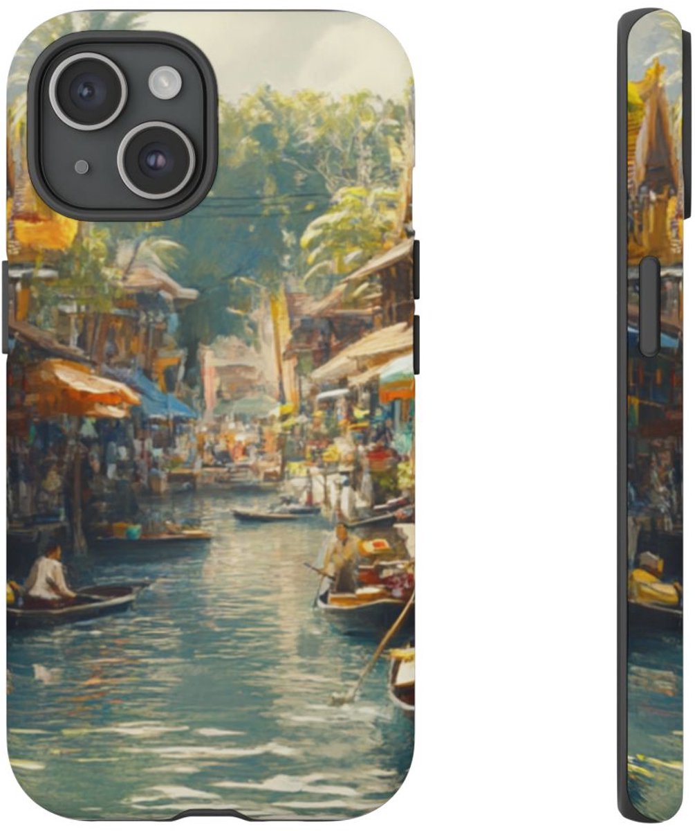 Levendige Watermarkt met Boten en Kraampjes – Telefoonhoesje Geschikt voor iPhone 15
