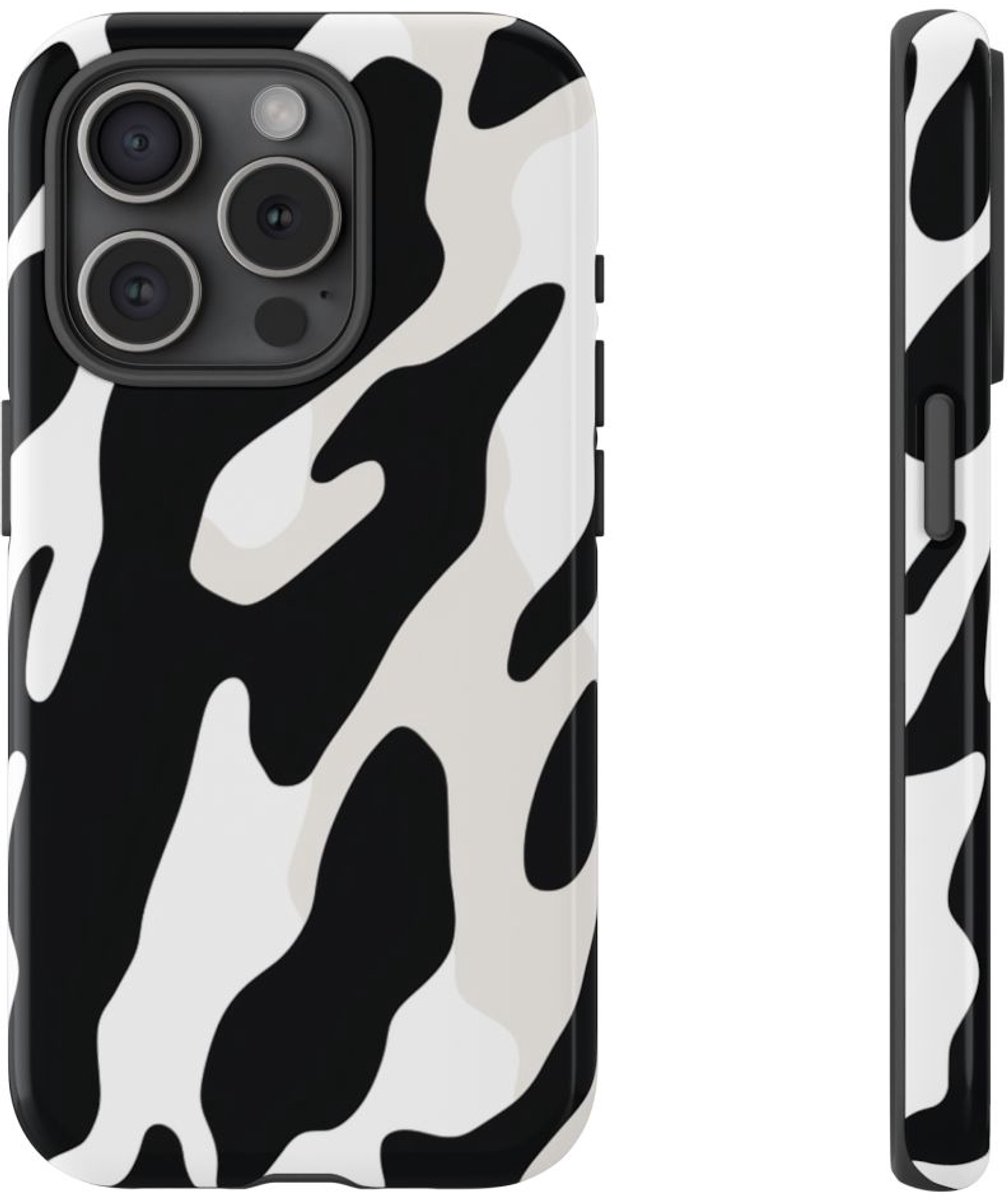 Zwart-Wit Koeienhuidpatroon – Telefoonhoesje Geschikt voor iPhone 15 Pro