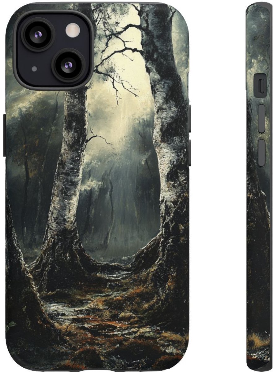 Gothische Berkenbomen in Donker Bos – Telefoonhoesje Geschikt voor iPhone 13
