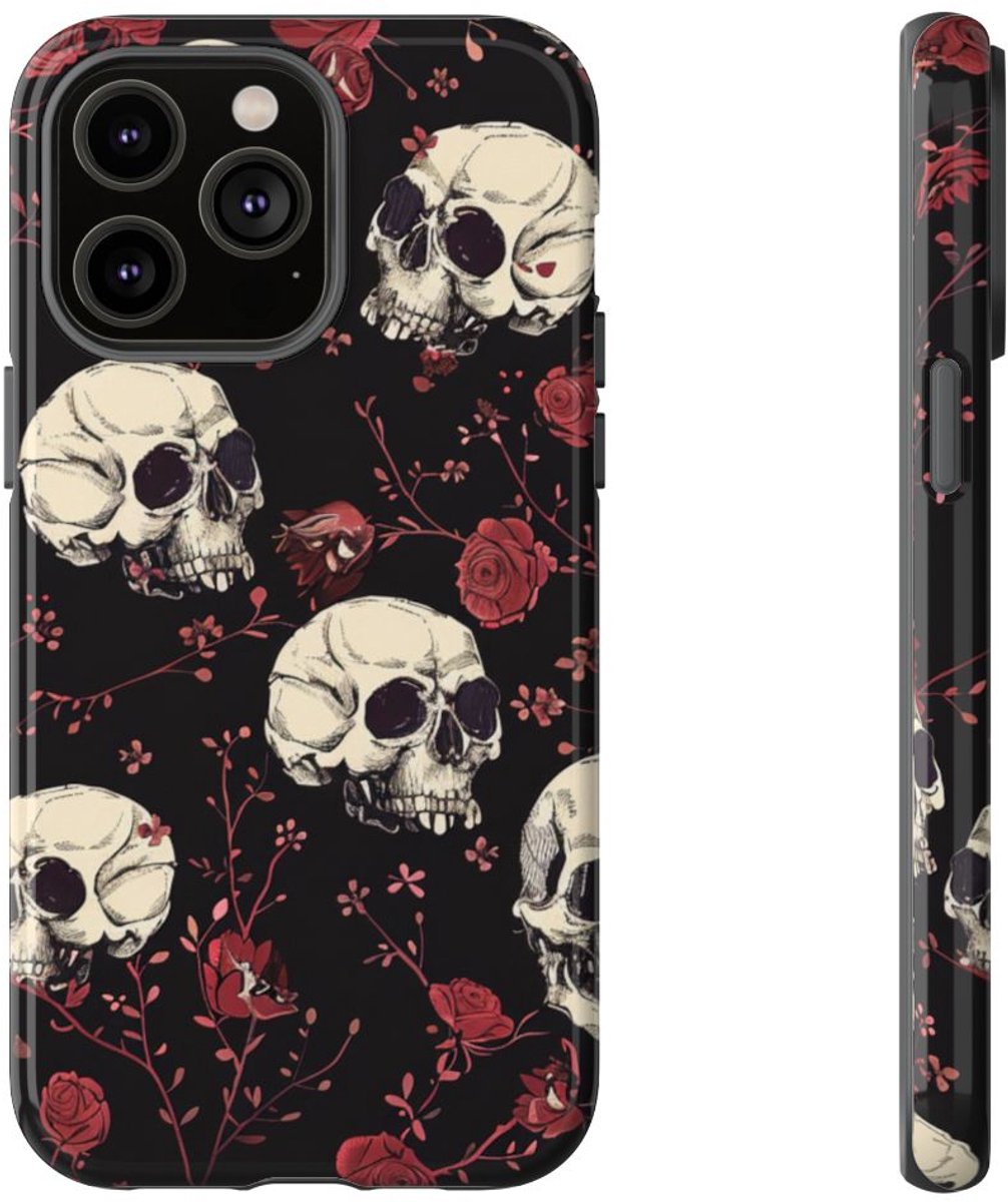 Schedels en Rode Rozenpatroon – Telefoonhoesje Geschikt voor iPhone 14 Pro Max