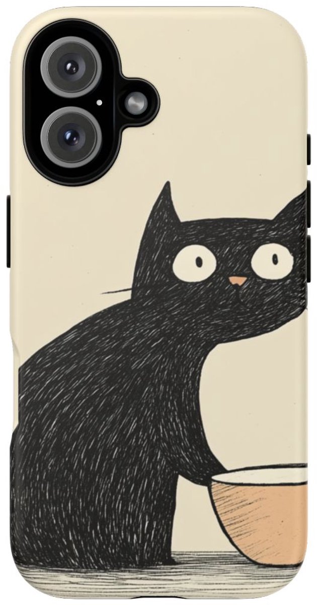 Zwarte Kat met Kom Illustratie – Telefoonhoesje Geschikt voor iPhone 16