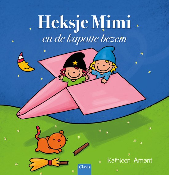 Un livre pour enfants avec deux petites sorcières dans un avion en papier rose. Un chaton est allongé à côté d'un balai et d'un morceau de bois. La lune observe depuis un ciel nocturne.
