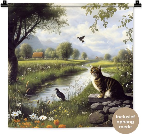 Wandkleed 60x60 cm - Wanddoek Kat - Beekje - Weide - Wandtapijt - Wandkleden