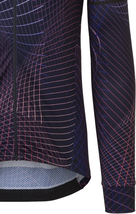 Donker fietsjack met paarse en roze lijnen, mesh zoom.
