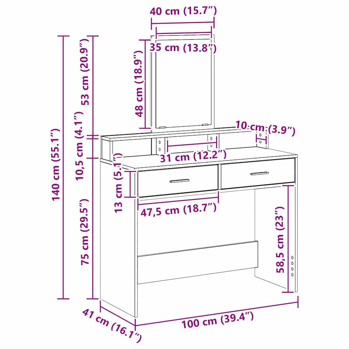 vidaXL - Kaptafel - Grijs - Sonoma - 100 - x - 41 - x - 140 - cm - Bewerkt - hout