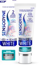 Sensodyne Clinical White tandpasta doos en tube. '1e keuze van tandartsen', '2 tinten wittere tanden', '24/7 bescherming'.