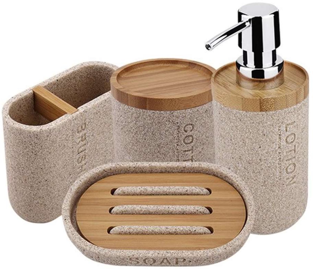 Nimco Kora - Set badkamer accessoires 4 in 1, zandbeige/bamboe KO 24000SET-86