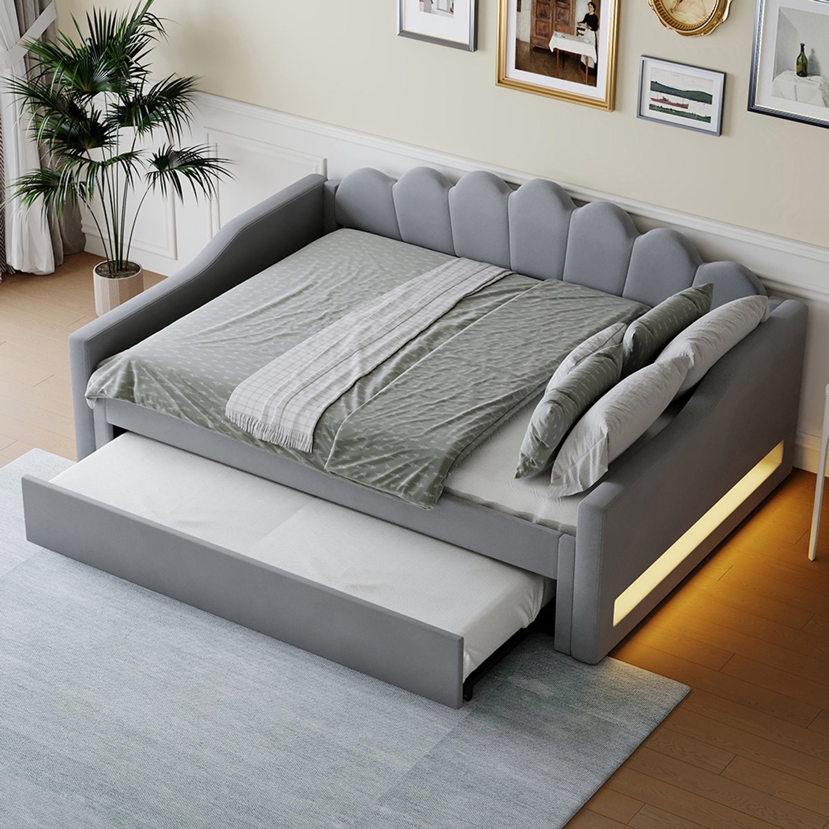 Pugsdrly Gestoffeerd rustbed 140 x 200 cm met ledstrip en uitschuifbaar bed, grijs