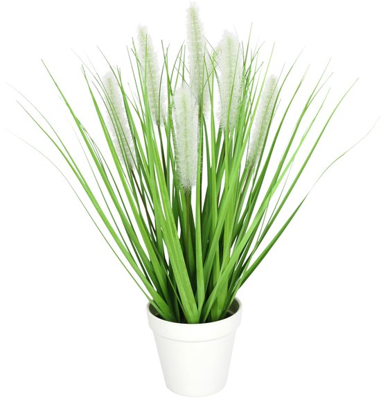 Arnusa Kunstgras 90 cm hoog met witte bloemen, kunstgras, decoratief gras, kunstplant, kunstplant in pot