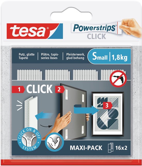 tesa Klittenband pads powerstrips click klein zelfklevend decoratie zonder boren – 16x2 stuks