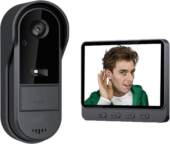Zwarte deurbel met camera naast een scherm met luisterende man in groene hoodie.