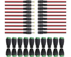20 Pairs DC Plug Kit - 10 Pairs 12V/24V Male Female DC Plugs - 10 Pairs 2.1 x 5.5mm DC Power Pigtail Cables voor CCTV Security Cameras en LED Strips