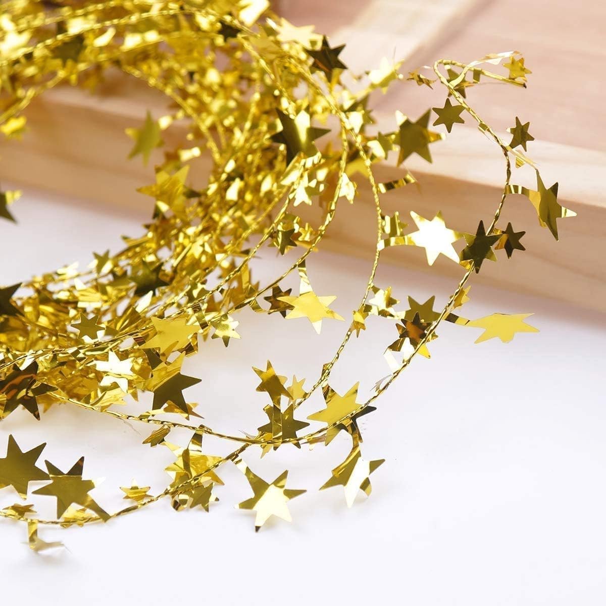 Folie-sterslinger - 7,5 meter folie - ster - lametta - glitter - sterdraad - voor feest - Kerstmis - carnaval - feestdecoratie (goud) – foto 4