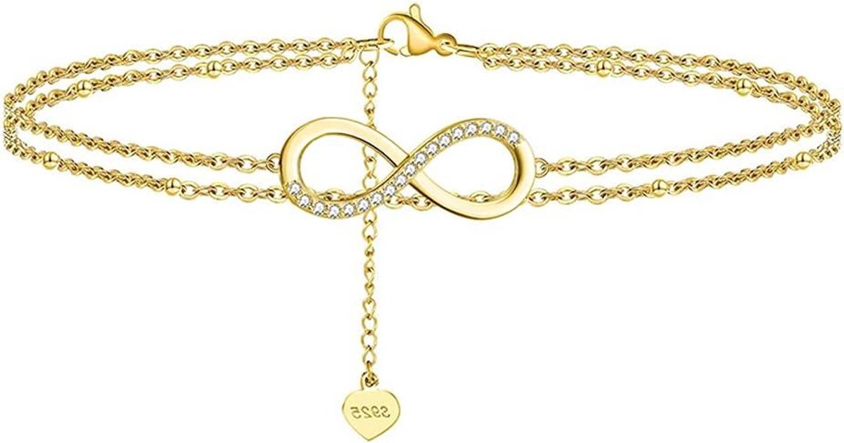 ByShane - Enkelbandje voor vrouwen van S925 Sterling Zilver met Cubic Zirconia Infinity Hart - Meisjes Charm - Verstelbaar - Dubbele Voet Ketting - Kubieke Zirconia - Armband
