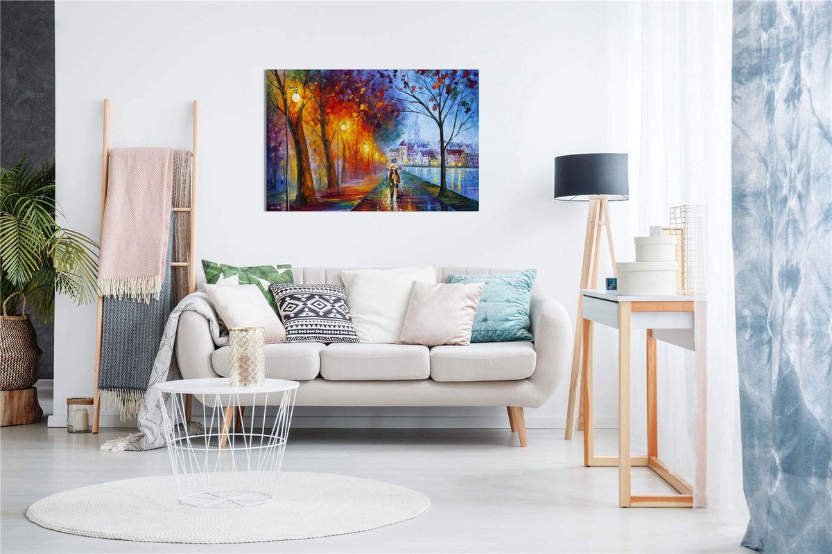 Ibenzoa Handgeschilderd Abstract Olieverfschilderij op Canvas voor Woonkamerdecoratie - City By the Lake, 91x61 cm Stad aan het meer