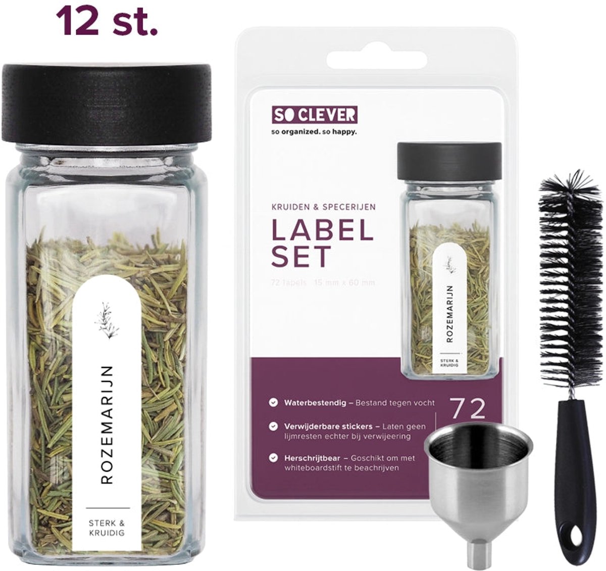 So Clever kruidenset 12 Kruidenpotjes 120 ml met 15x60mm Labels - Transparant & Wit - Met deksel