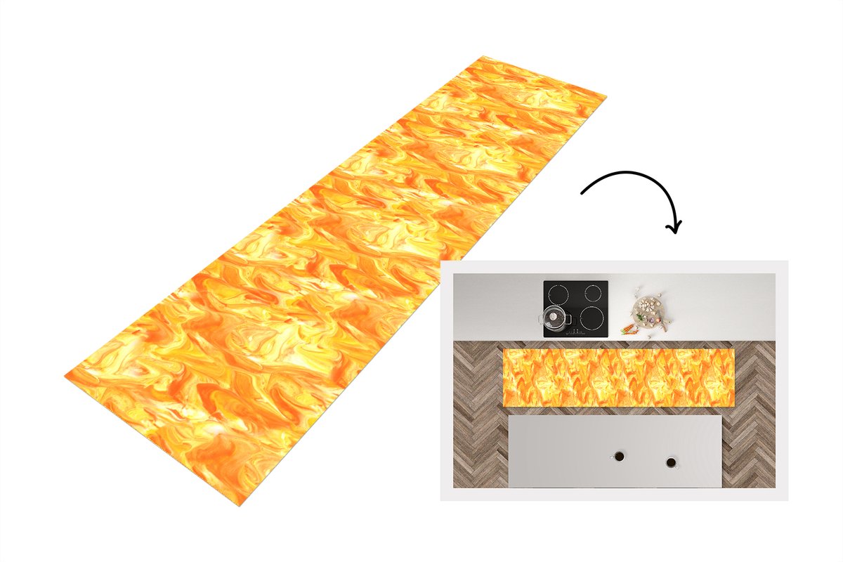 KitchenYeah Keukenloper 200x50 cm - Keukenmat vinyl Marmer - Oranje - Geel - Design - Keukenmatten loper - Keuken vloerkleed tapijt Verf