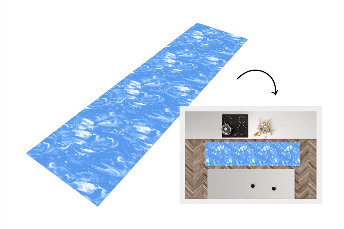 KitchenYeah Keukenloper 240x60 cm - Keukenmat vinyl Marmer - Blauw - Patronen - Patroon - Keukenmatten loper - Keuken vloerkleed tapijt Verf