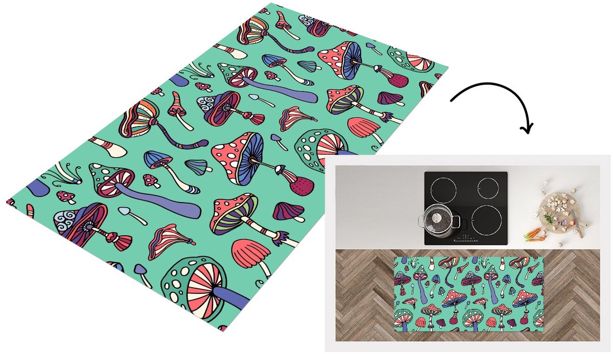 KitchenYeah Keukenloper 120x60 cm - Keukenmat vinyl Patronen - Vintage - Paddenstoelen - Natuur - Keukenmatten loper - Keuken vloerkleed tapijt
