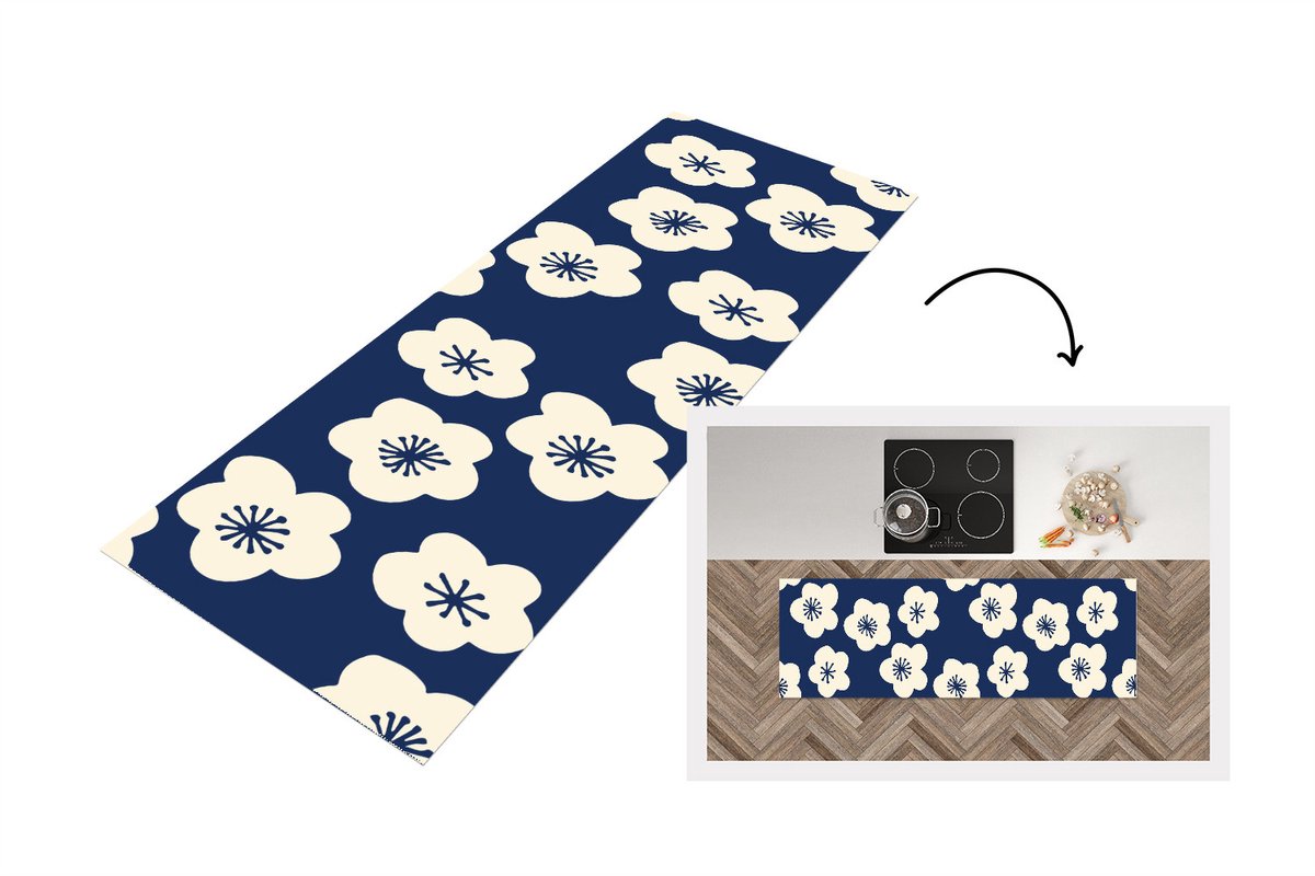 KitchenYeah Keukenloper 150x50 cm - Keukenmat vinyl Sakura - Wit - Patroon - Japan - Keukenmatten loper - Keuken vloerkleed tapijt
