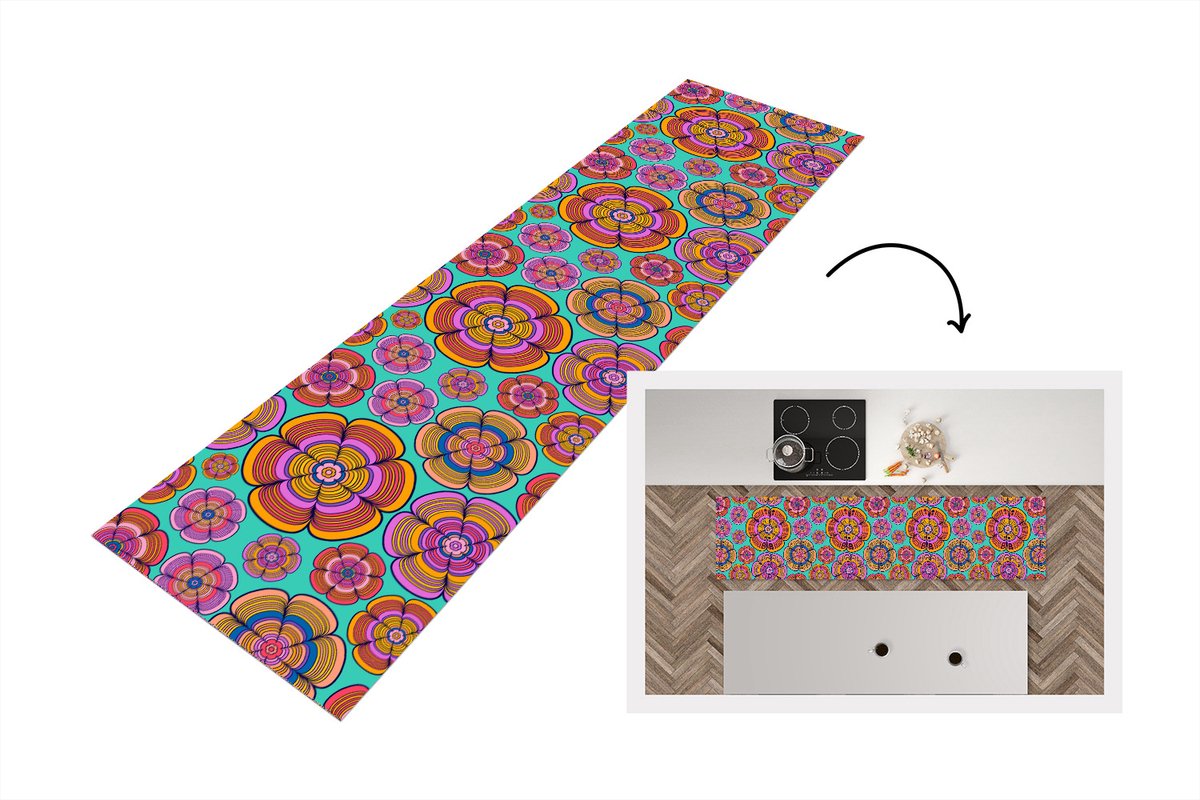 KitchenYeah Keukenloper 200x50 cm - Keukenmat vinyl Design - Flower Power - Kleuren - Keukenmatten loper - Keuken vloerkleed tapijt
