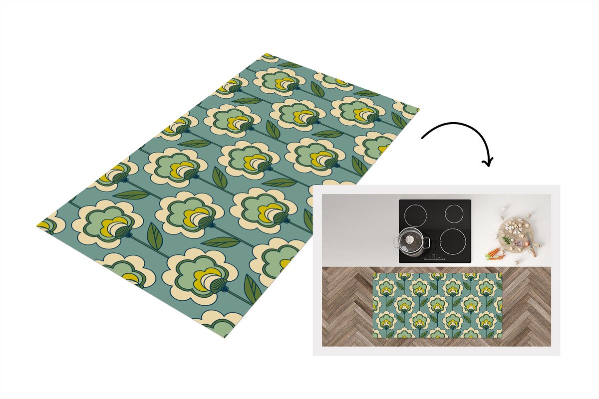 KitchenYeah Keukenloper 120x60 cm - Keukenmat vinyl Retro - Design - Jaren 70 - Bloem - Keukenmatten loper - Keuken vloerkleed tapijt