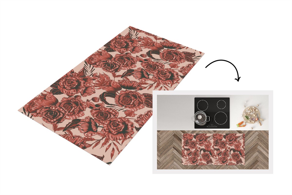 KitchenYeah Keukenloper 120x60 cm - Keukenmat vinyl Roos - Patroon - Bloemen - Keukenmatten loper - Keuken vloerkleed tapijt Rozen