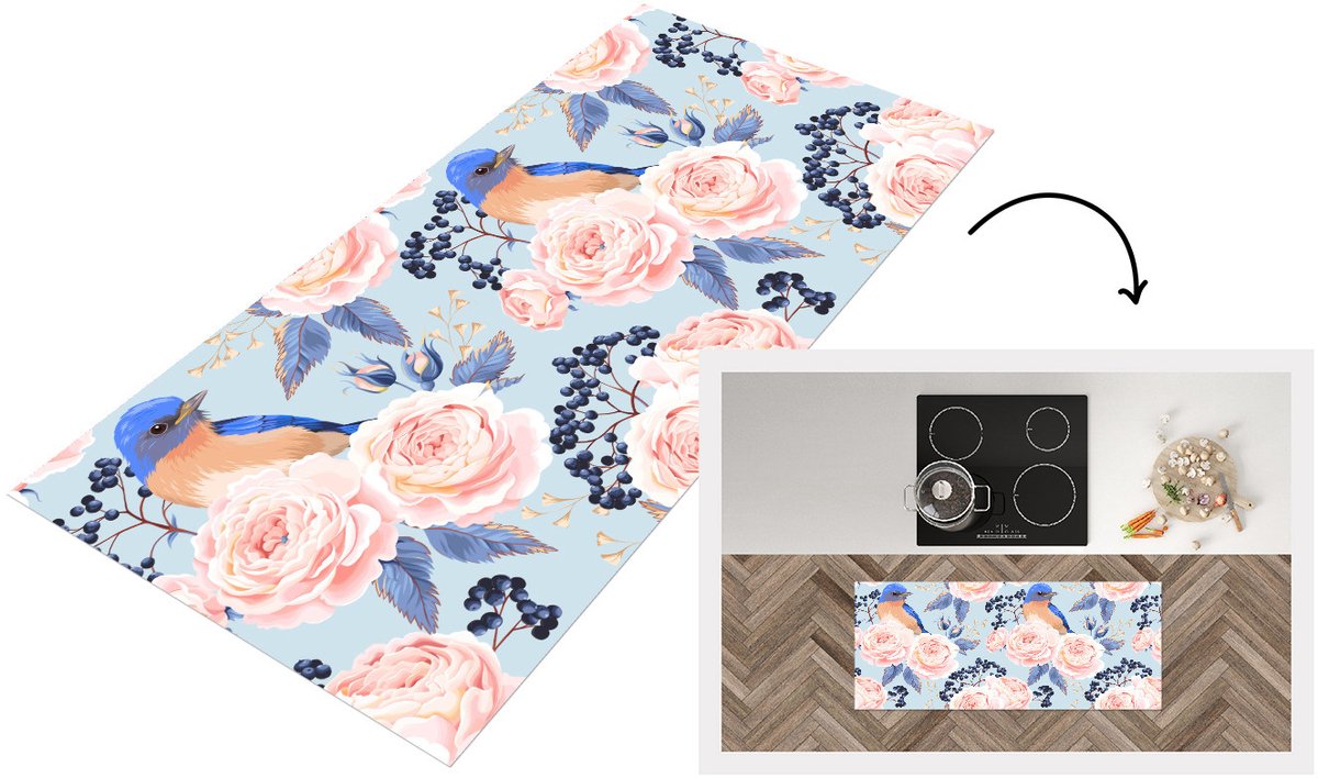 KitchenYeah Keukenloper 120x50 cm - Keukenmat vinyl Patronen - Roos - Vogel - Blauw - Keukenmatten loper - Keuken vloerkleed tapijt Rozen