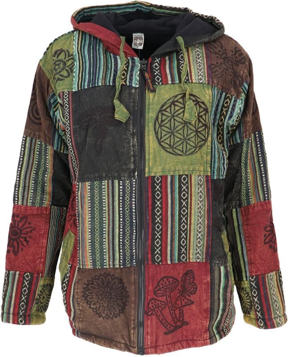 Guru-Shop Goa Jacke Patchwork Sweatshirt Jacke grün/bunt Heren Fleece meerkleurig Multicolor