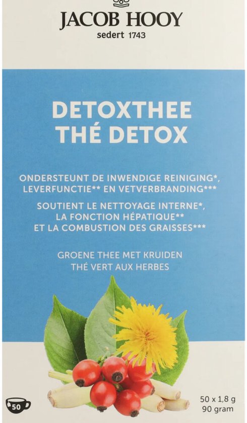 Doos Jacob Hooy Detox thee met groene thee, kruiden, rozenbottels en paardenbloem.