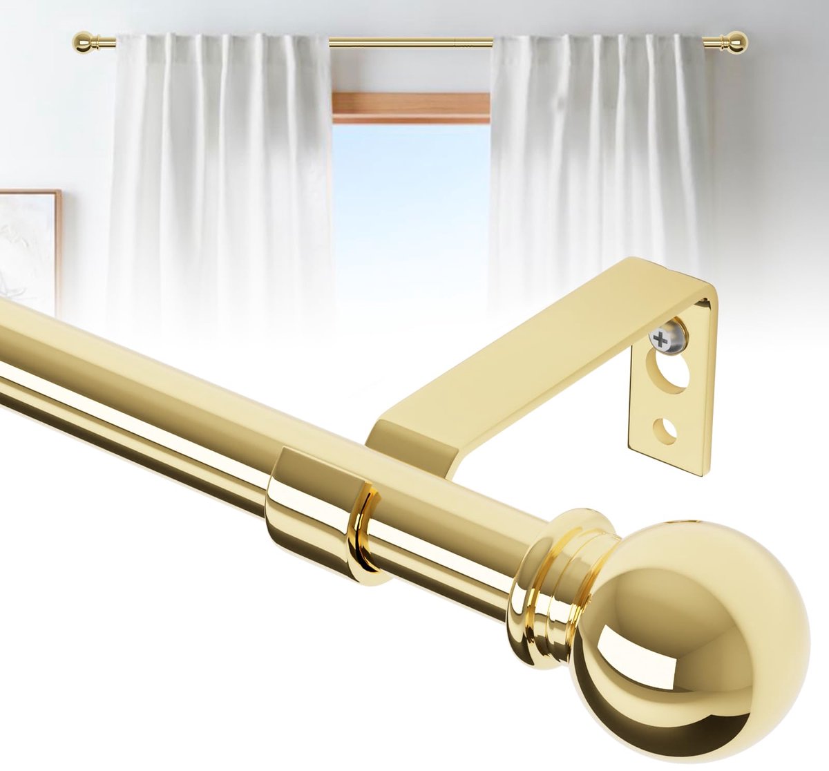 Ibenzoa® Verstelbare Gouden Gordijnroede Set voor Wandmontage met Messing Afwerking en Accessoires
