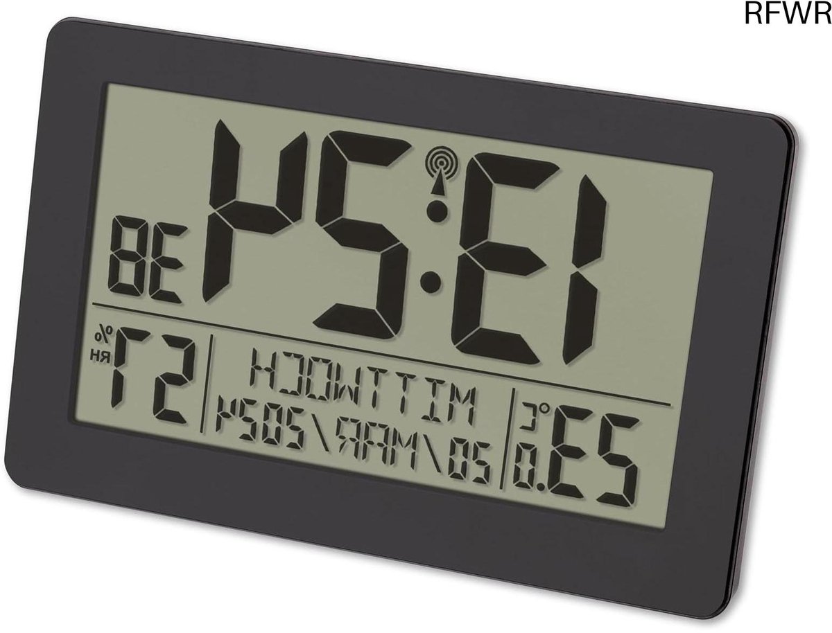 RFWR® Digitale zendergestuurde klok met temperatuur- en luchtvochtigheidsmeter, groot display, alarm met snooze functie en achtergrondverlichting