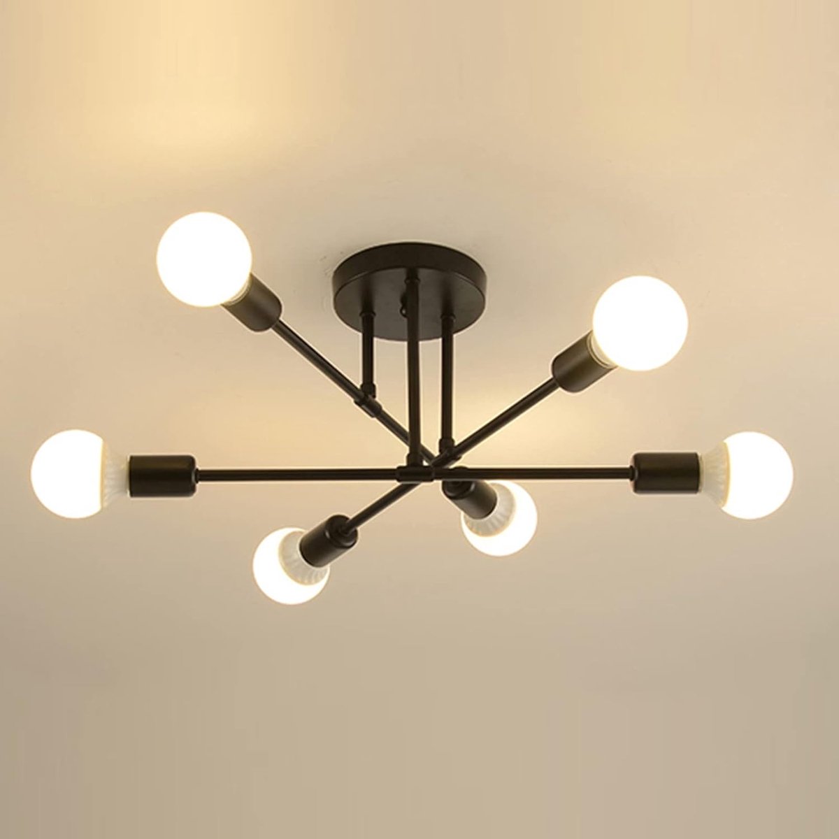Sputnik kroonluchter met 6 lampen, zwarte afwerking E27 hanglamp, vintage industriële plafondlamp. Geschikt voor woonkamer, slaapkamer, eetkamer, café, bar (zonder lamp).